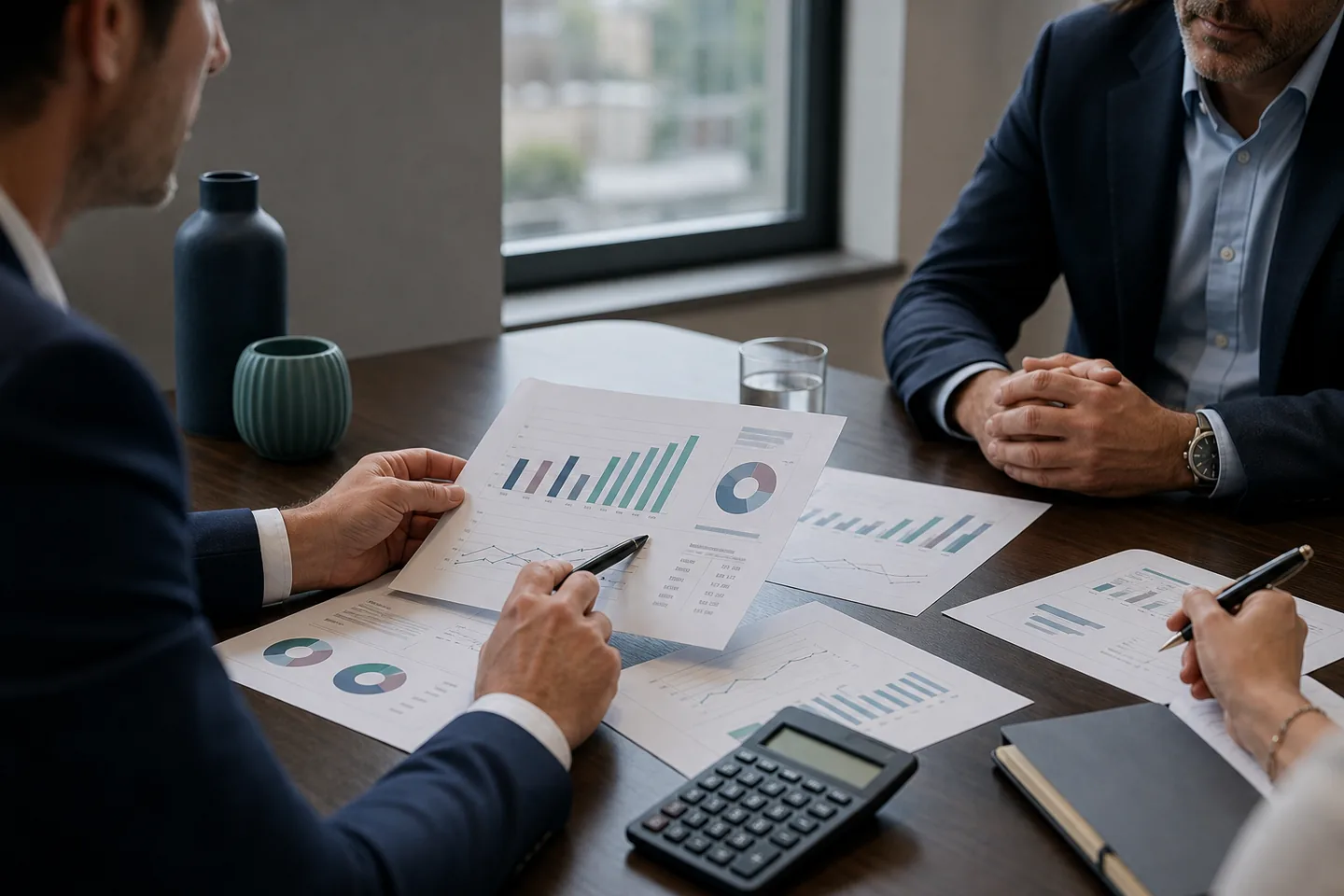 Réunion de conseil financier autour de documents d'analyse